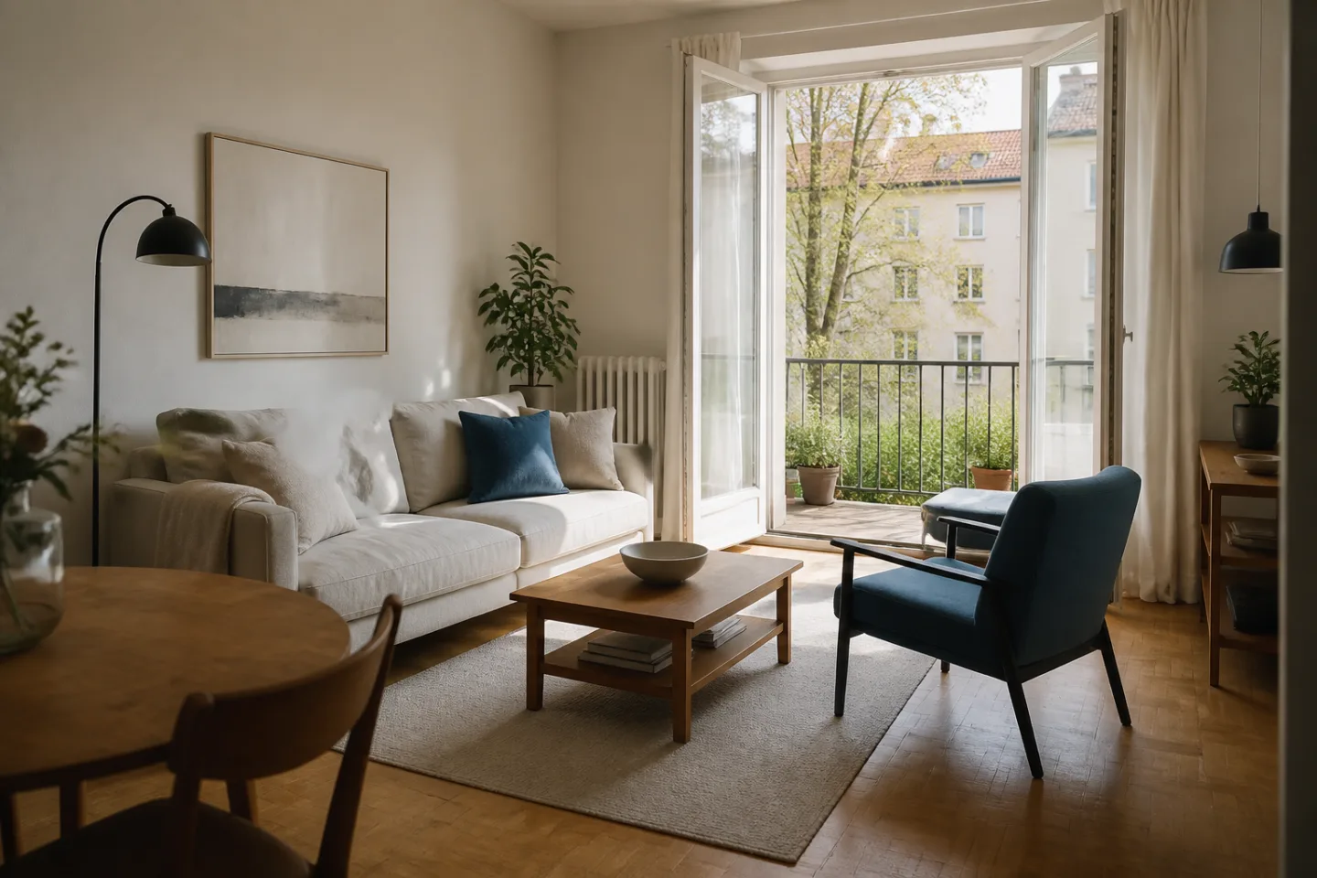 Heller Wohnraum mit Leinensofa, Eichenparkett und offenen Balkontüren.
