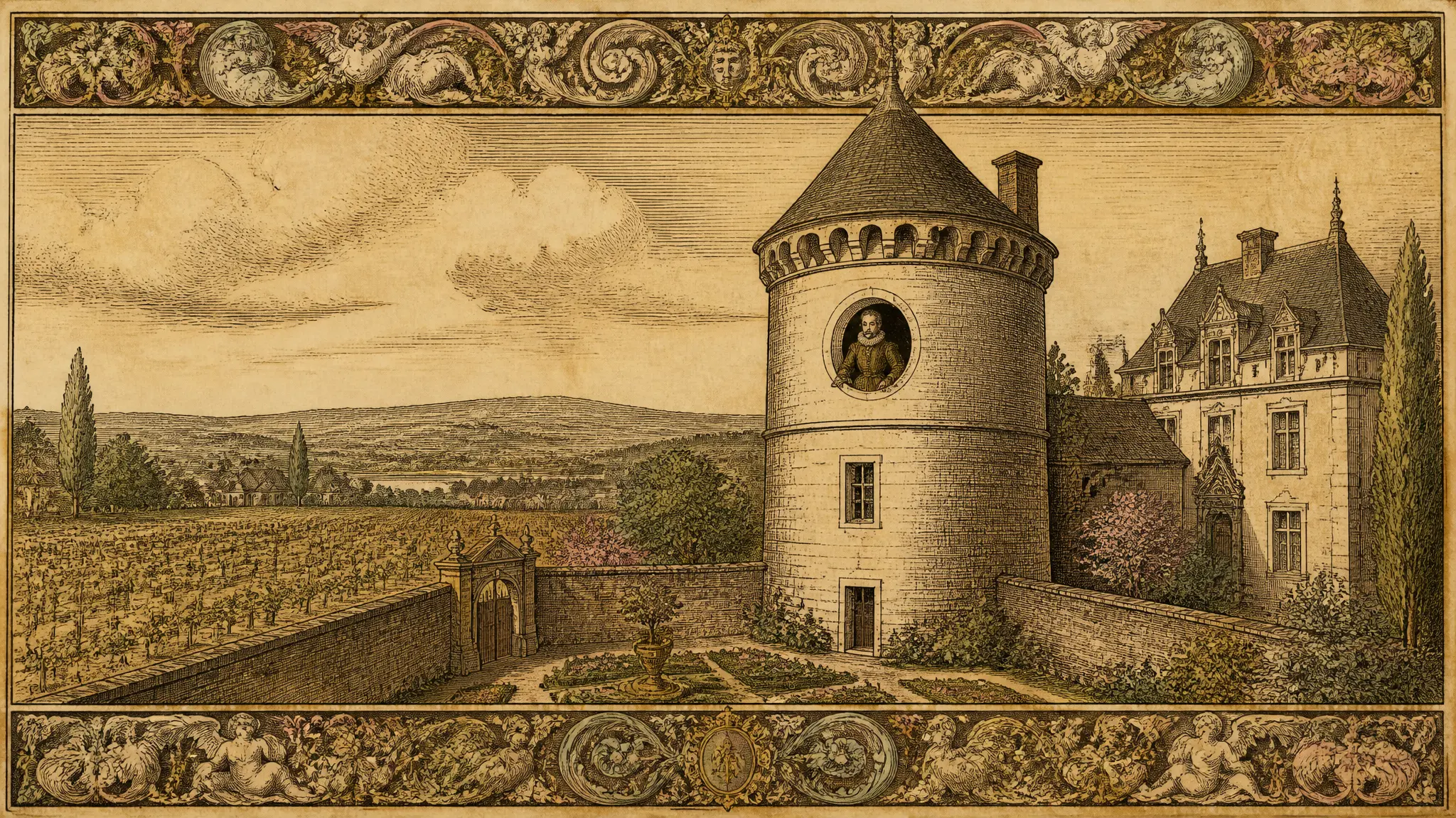 A hand-tinted engraving of Montaigne's round tower library