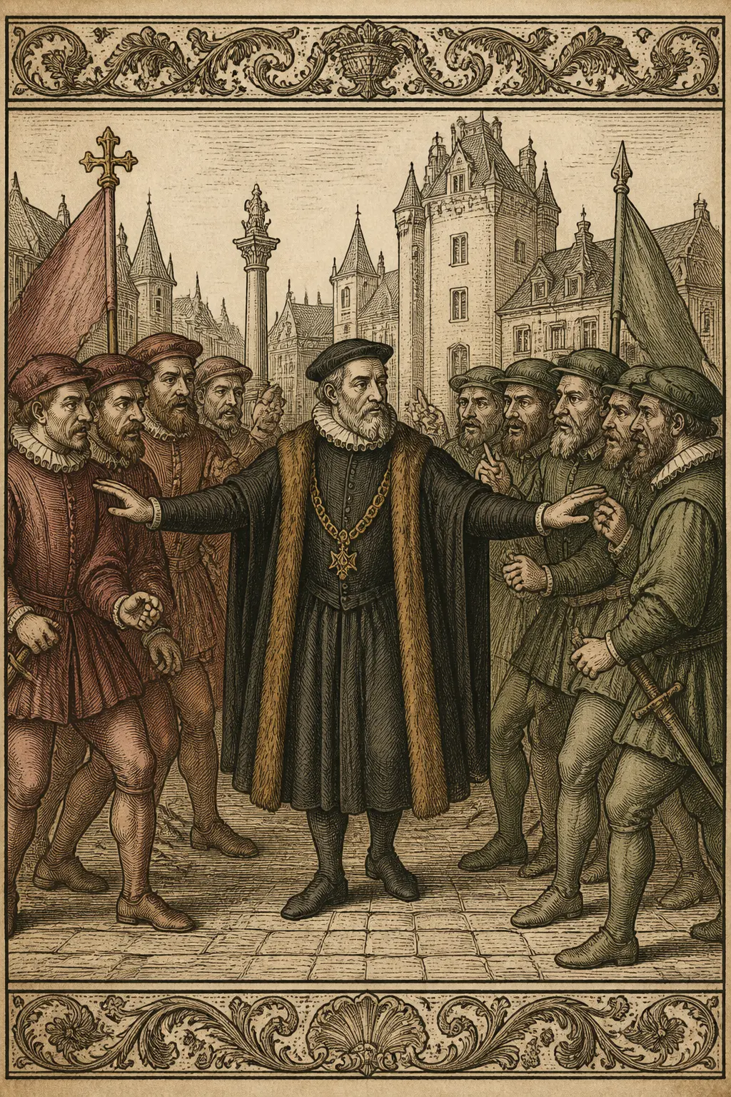 A hand-tinted engraving of Montaigne as Mayor of Bordeaux, standing between two opposing factions