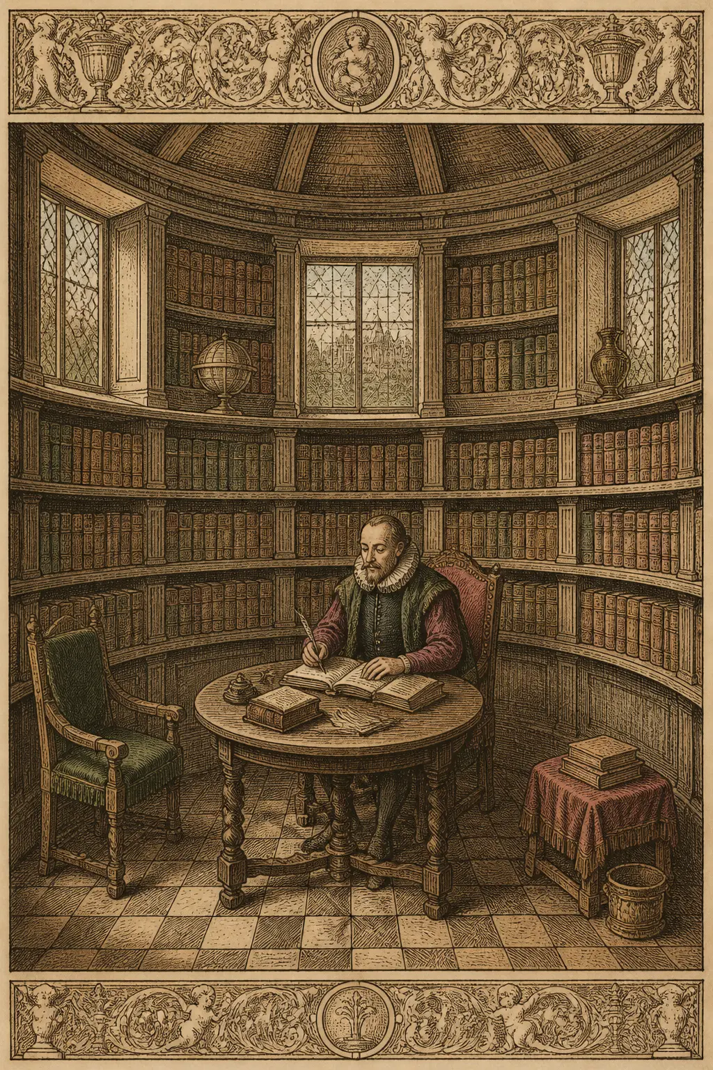 A hand-tinted engraving of the round library at the top of Montaigne's tower