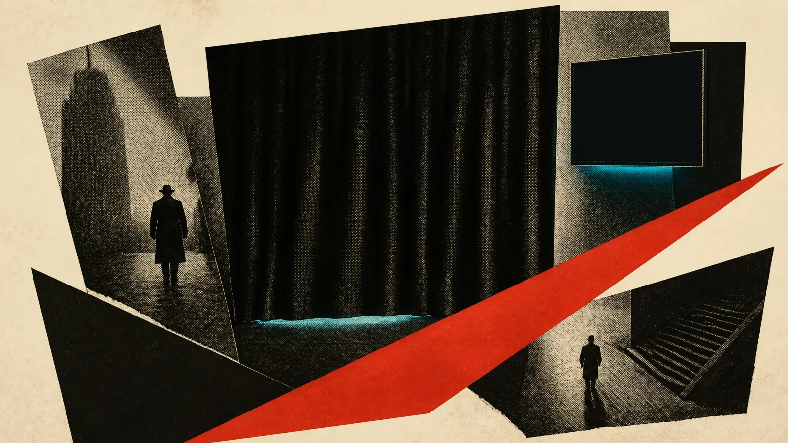 Photomontage: a heavy flat-black curtain fully closed, a thin teal line of light escaping beneath the hem.