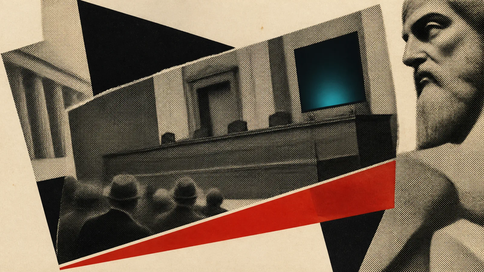 Photomontage: an empty halftone courtroom bench, a stone statue fragment watching from the wings.