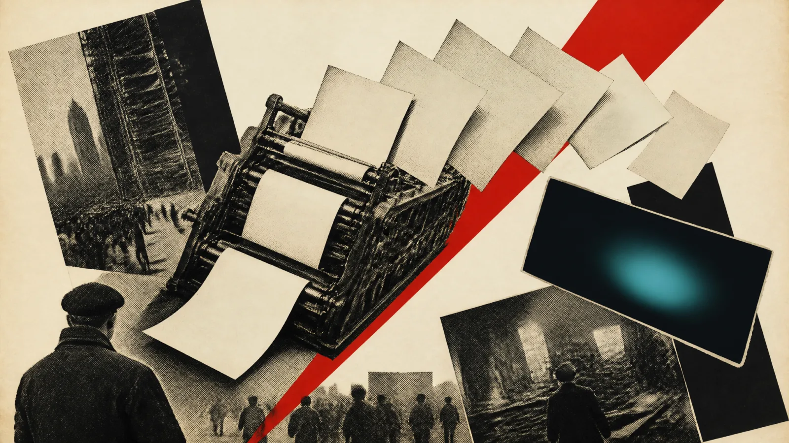 Photomontage: a halftone printing press at a diagonal, blank broadsheets fanning out, one sheet glowing teal.