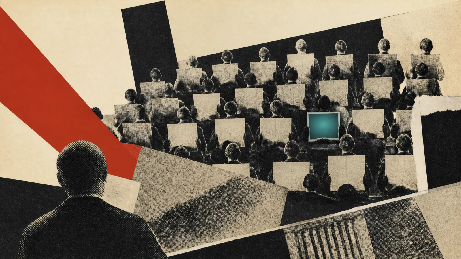 Photomontage: halftone choir figures on risers holding blank sheets, one sheet a glowing teal panel.