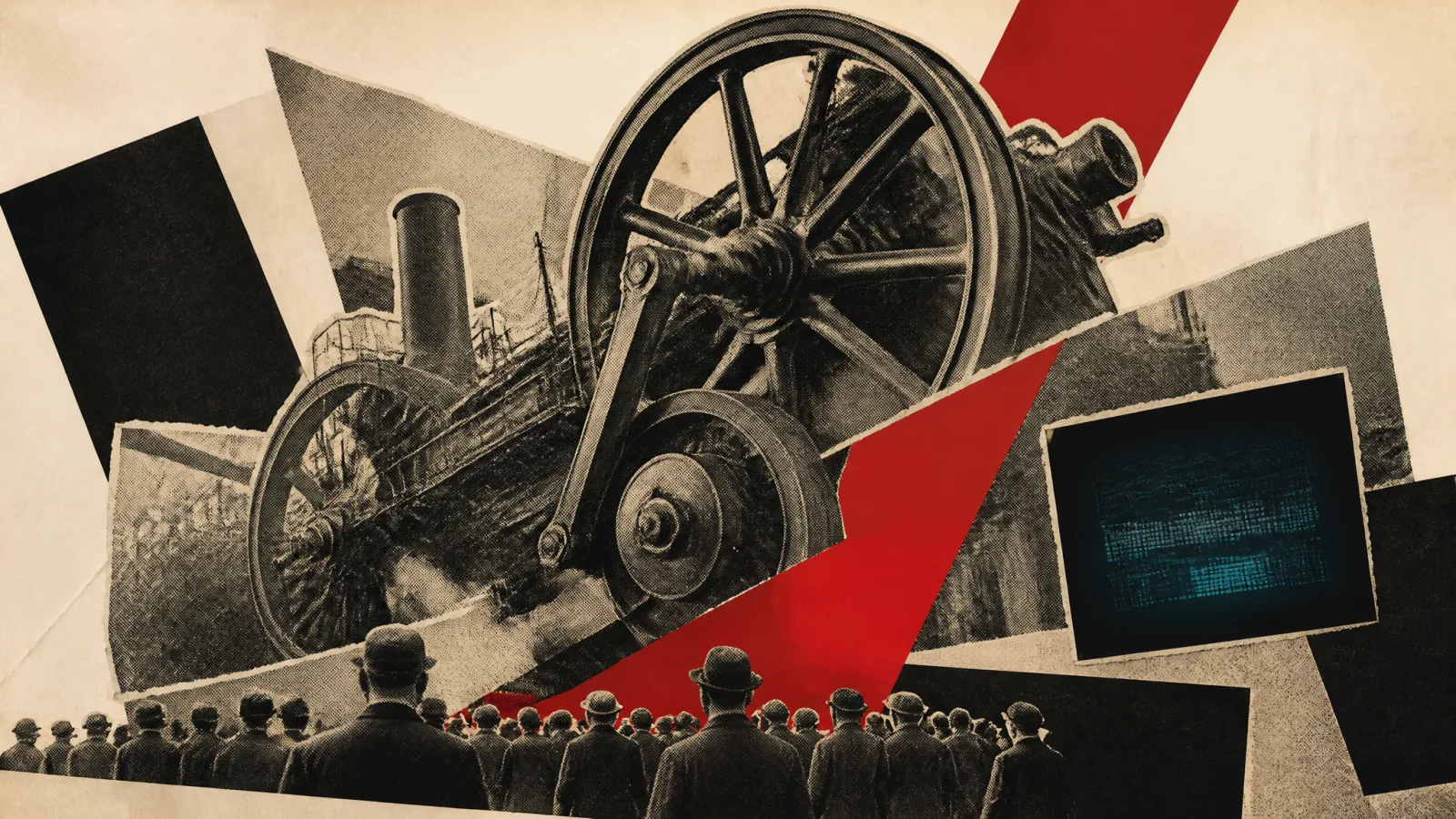 Photomontage: a halftone steam engine on a poster wall, a red wedge driving through its flywheels.