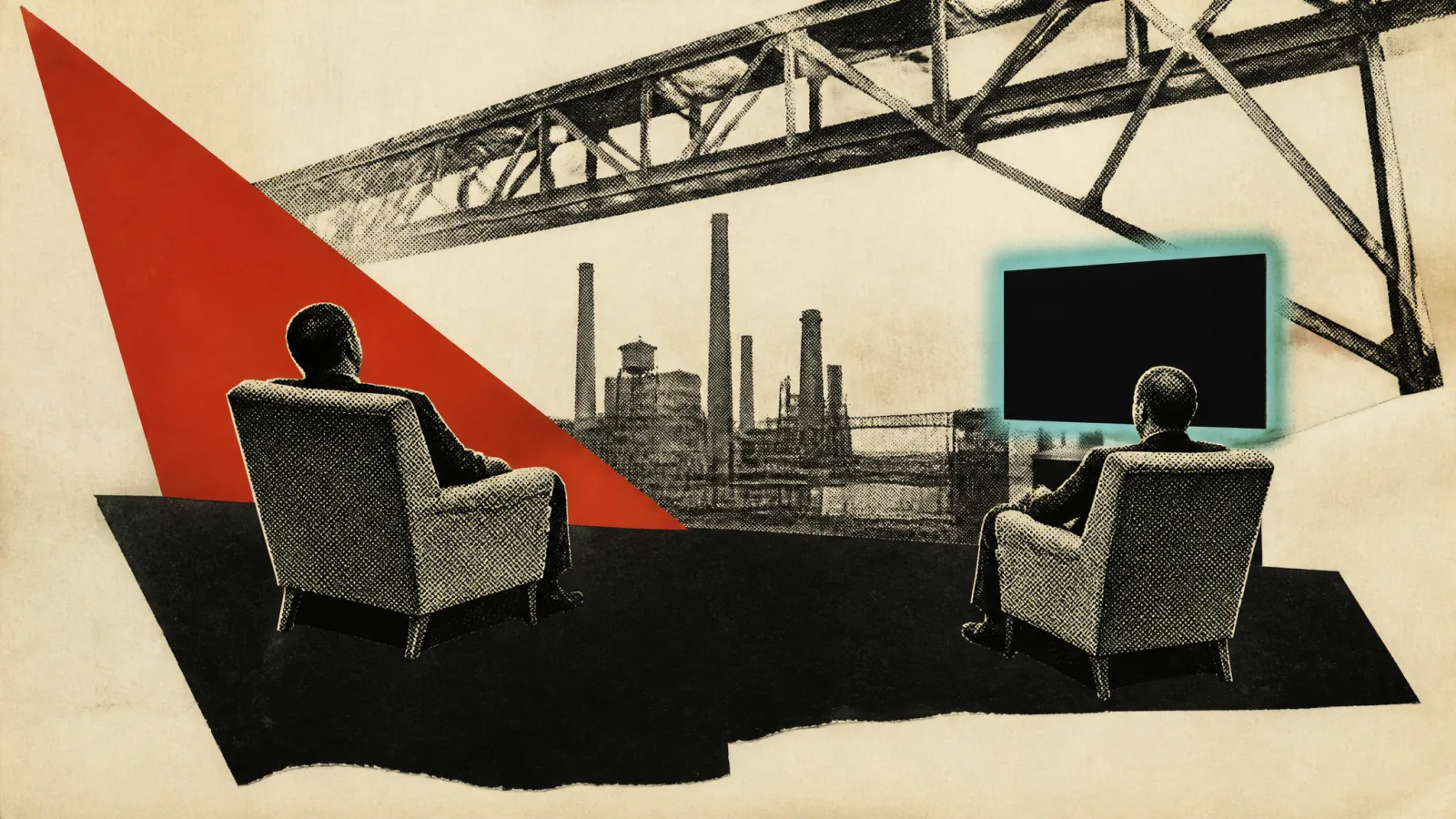 Photomontage: two halftone armchairs facing each other on a flat black factory-floor shape, one haloed in teal.