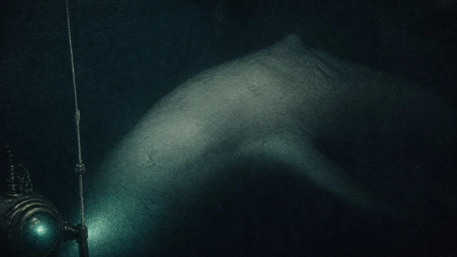 Survey plate of a pale enormous form barely resolved in hadal darkness, scale ambiguous, edges lost to grain.