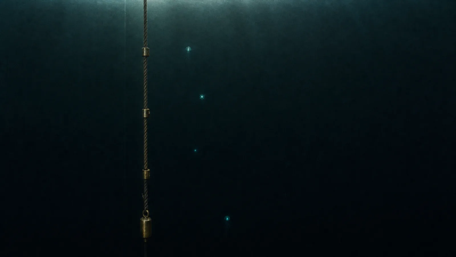 The dive map plate: a sounding line descending through the water column, its light fading from surface grey to hadal black.