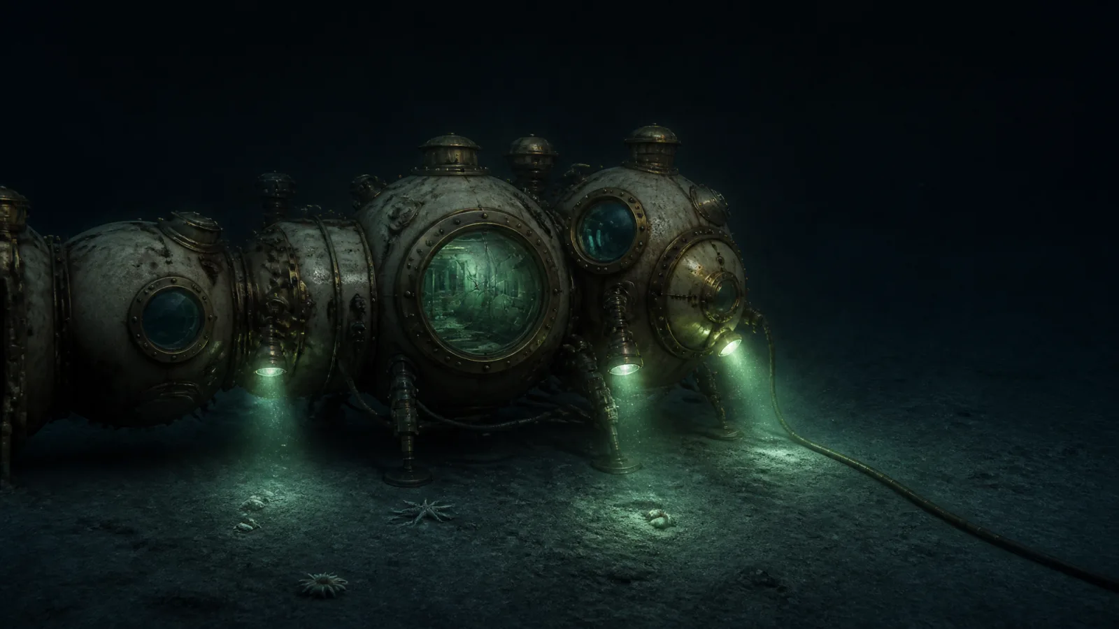 Survey plate of a research station module on the abyssal floor, its floodlights on, a corridor light flickering behind a cracked viewport.