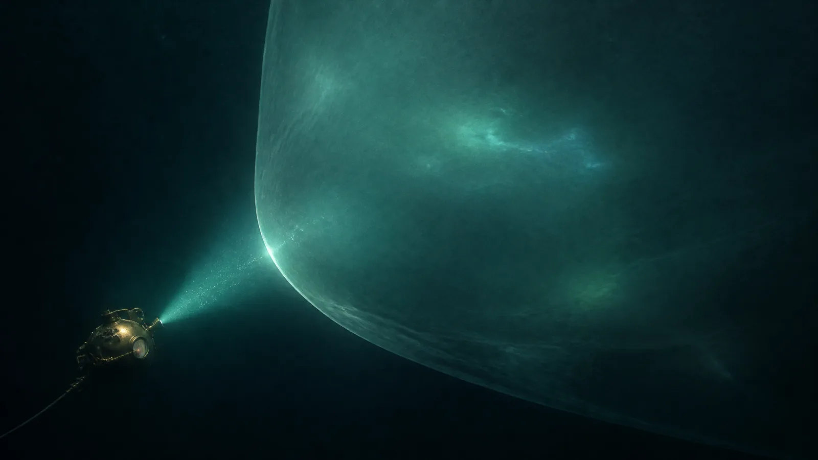 Survey plate of a vast smooth form suspended in the twilight zone, edge-lit by a small instrument beam from a research submersible.