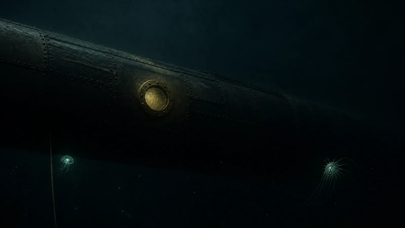 A 19th-century survey plate of the Nautilus as a dark silhouette in the water column, one porthole glowing faintly.