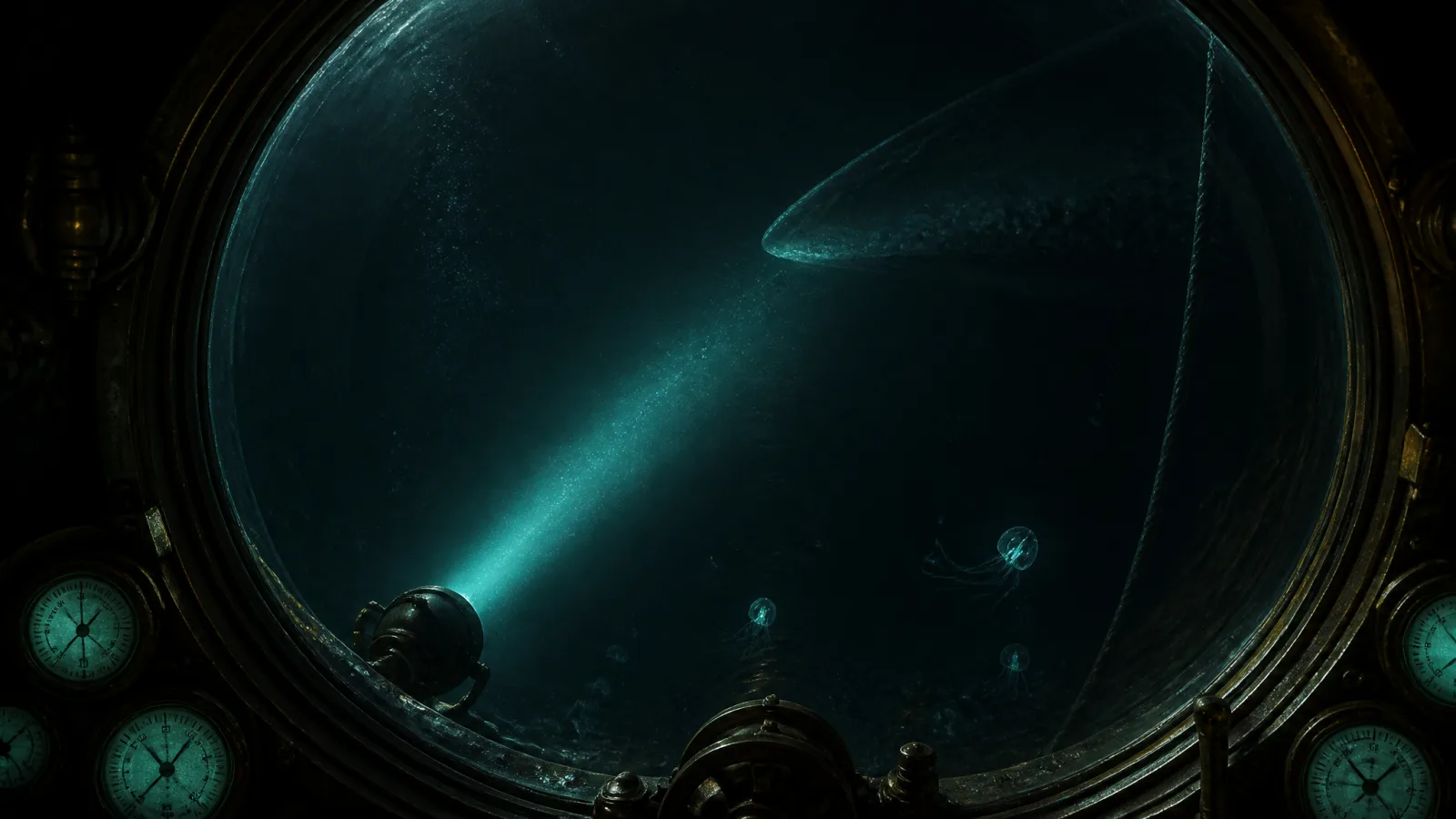 Survey plate from inside a small submersible: instrument glow on the glass, a vast dark shape crossing beyond the beam's reach.