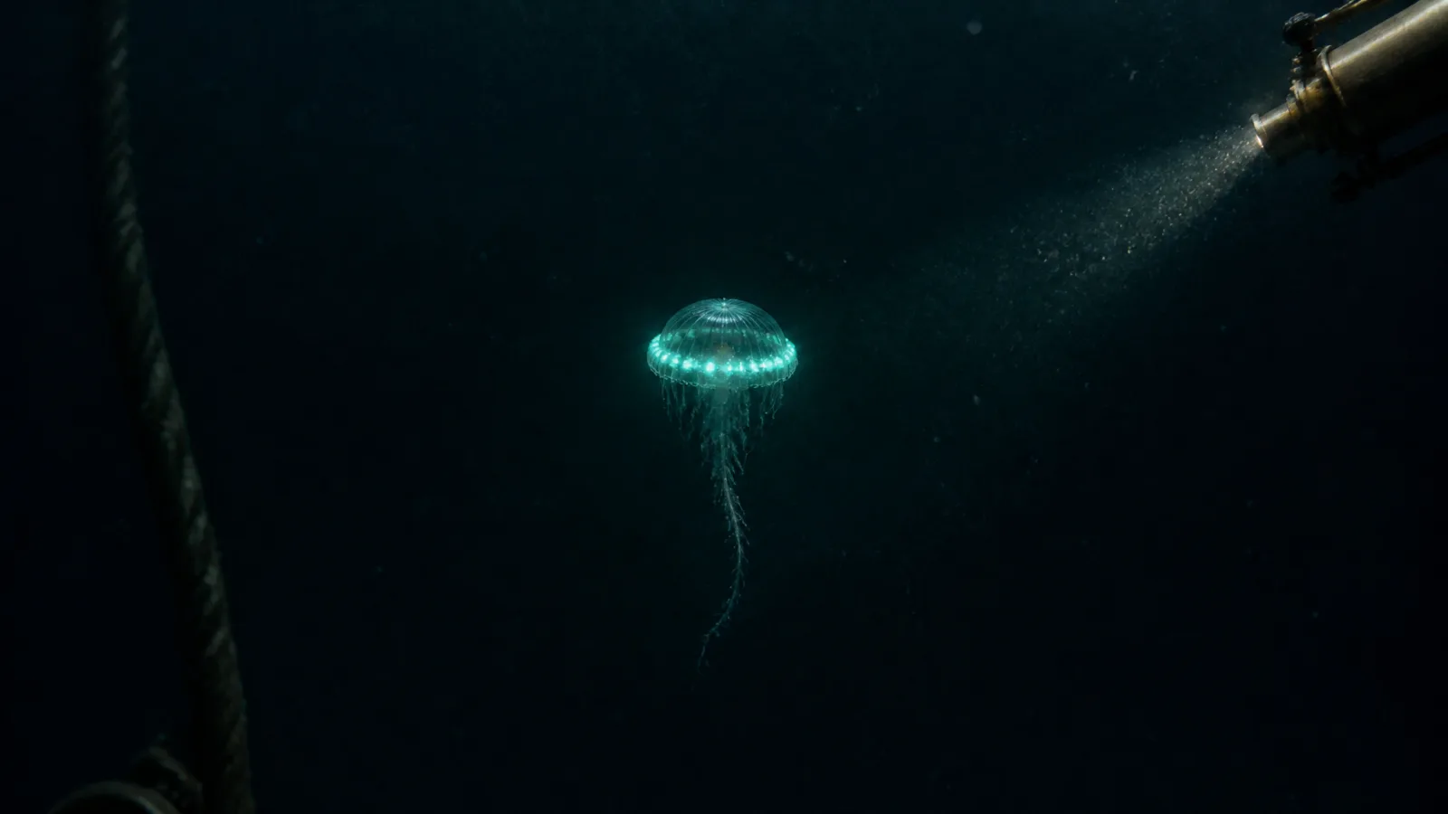 Survey plate of an Atolla jellyfish firing a spinning wheel of blue light in total darkness, one thin instrument beam catching drifting particles.