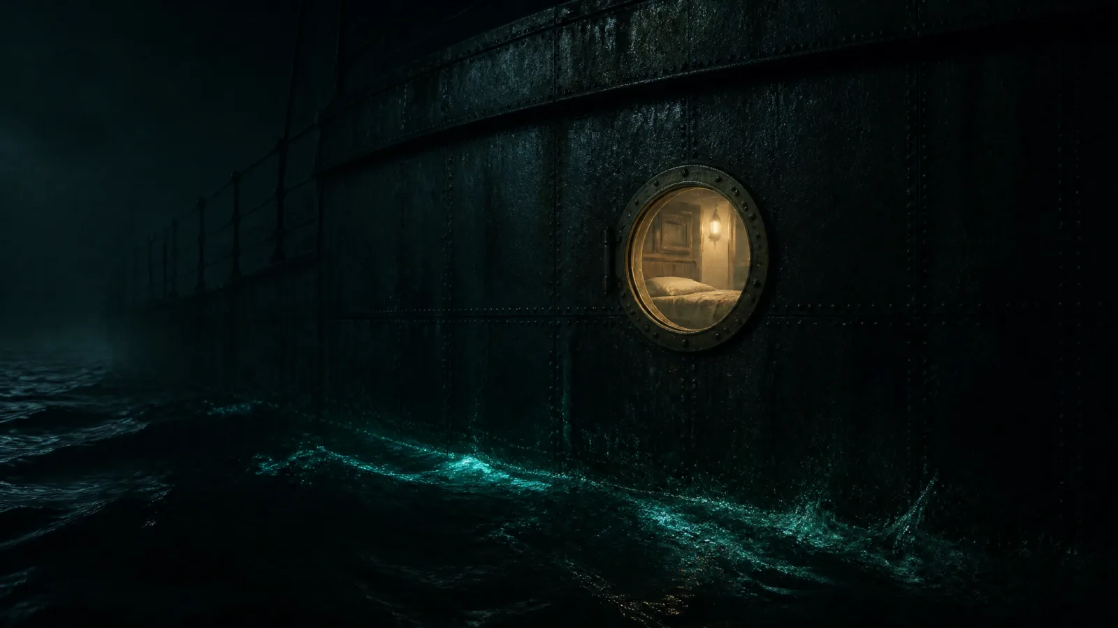 Survey plate of a lit cabin porthole seen from outside at night on black water, the deck beyond it empty.