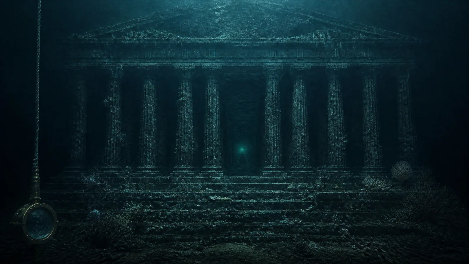 Survey plate of drowned monumental architecture in the sunlit zone, columns furred with algae, one distant light among the ruins.