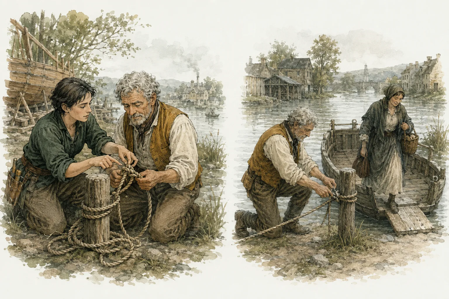 A boatbuilder shows an older traveler a rope knot; later he secures a ferry without her help.