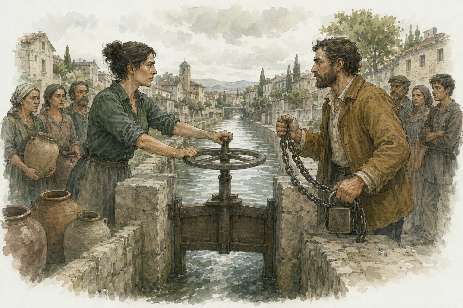 Two rivals struggle over a sluice gate: one opens the water to waiting residents while the other holds a chain and lock.
