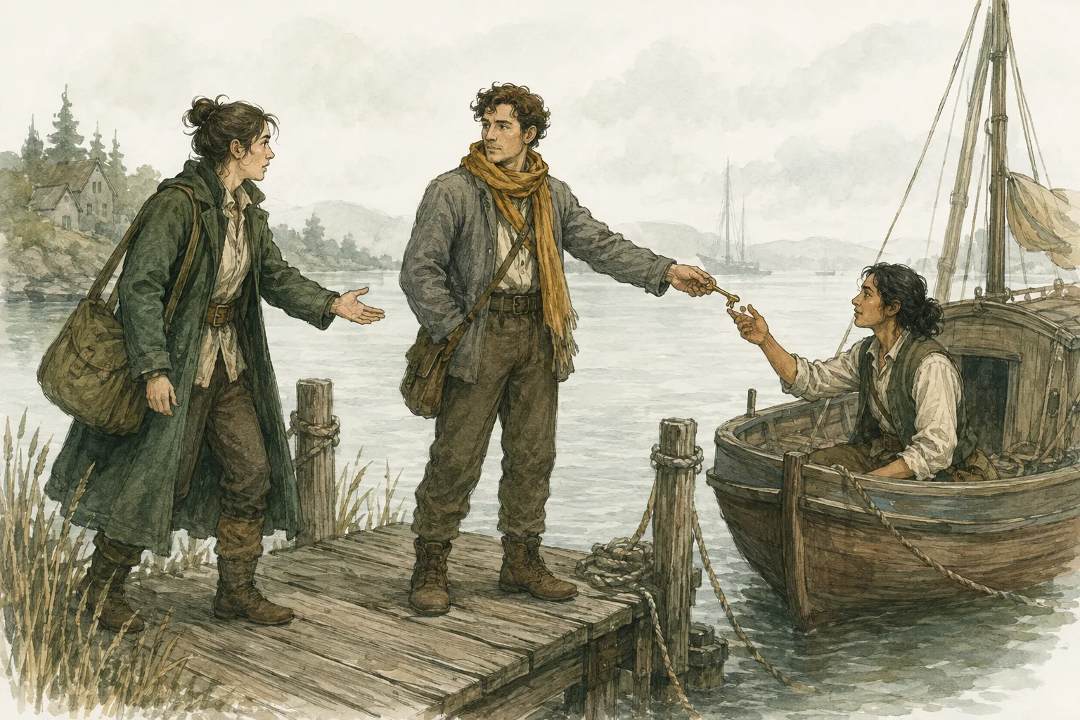 At a dock, a traveler reaches for a key while their companion hands it to someone aboard a boat.