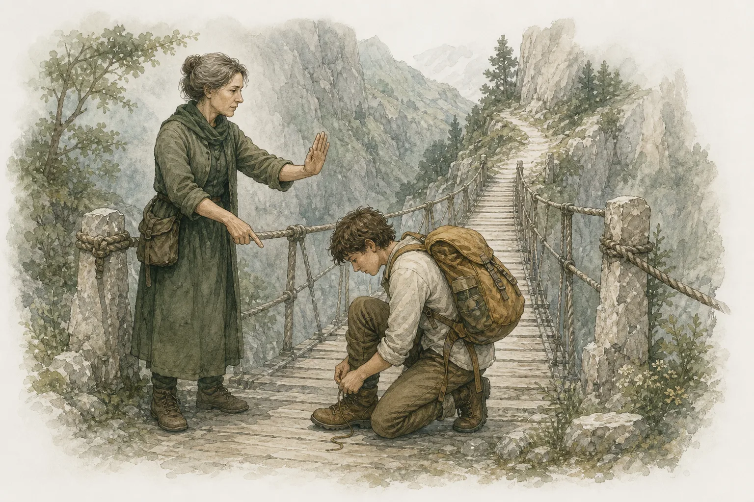 A bridgekeeper asks a traveler to pause and secure their boot before crossing a narrow bridge.
