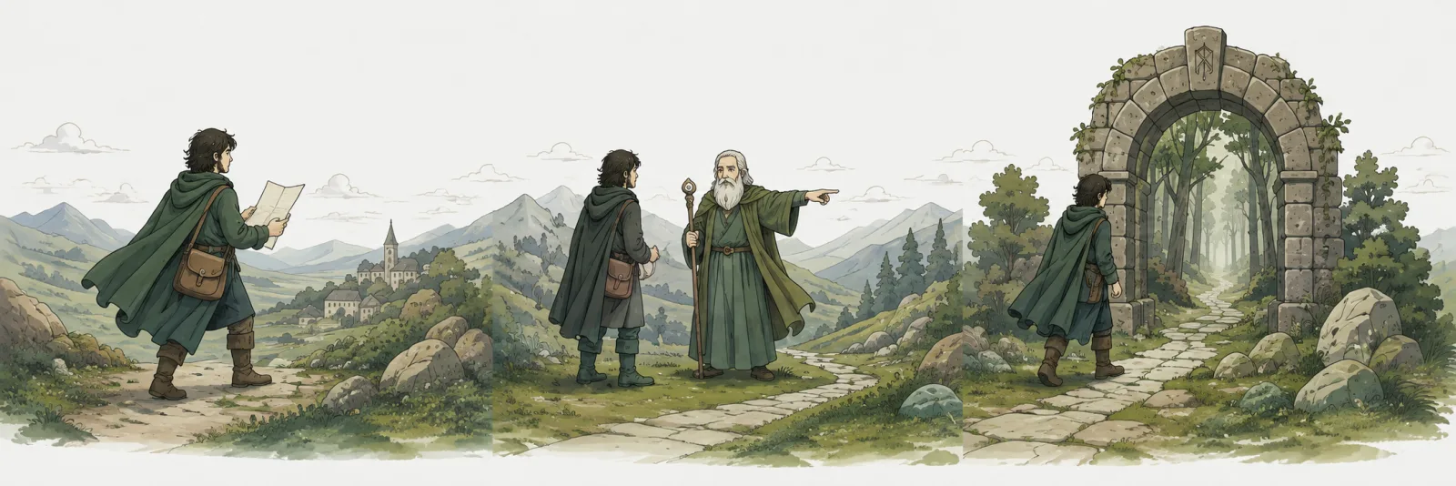 Three illustrated moments: a traveler receives a letter, listens to a guide, and approaches a stone arch.