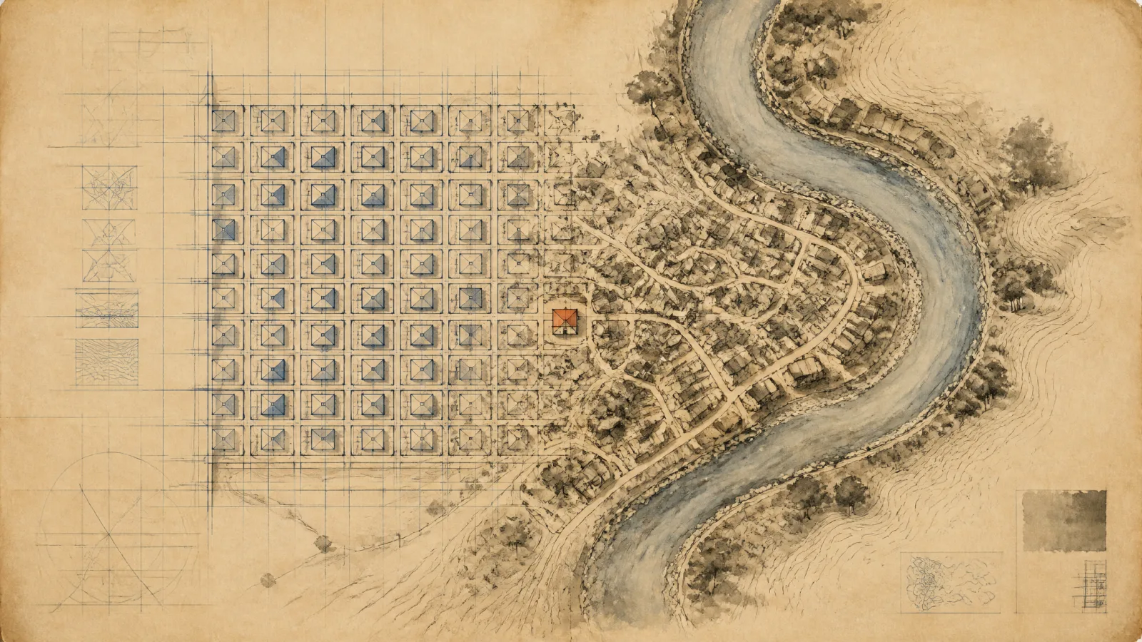 A survey grid of identical planned blocks dissolving at its edge into an organic settlement pattern along a river