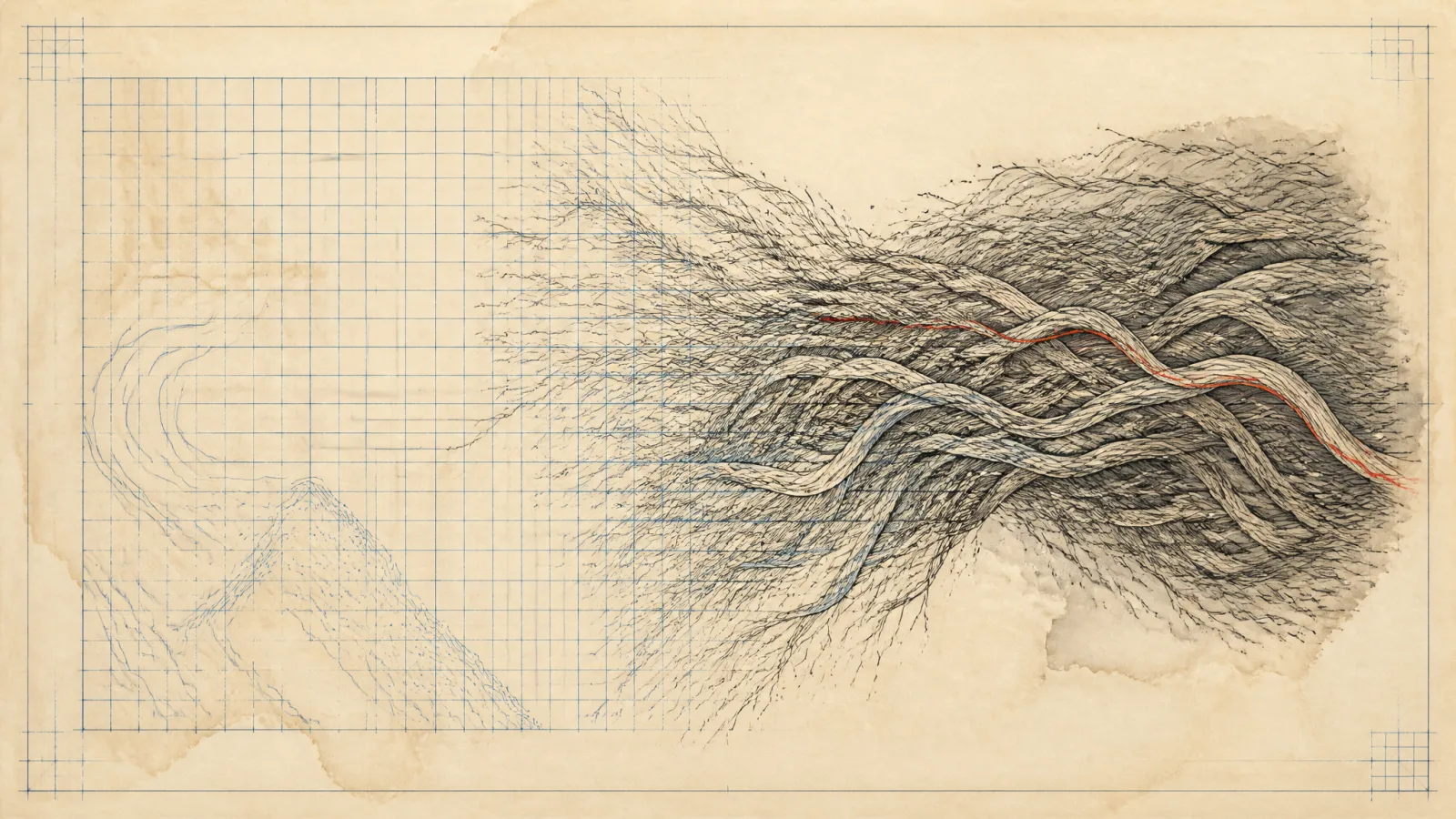 A cadastral map whose ruled blue grid frays into countless fine organic threads flowing toward a dense woven mass
