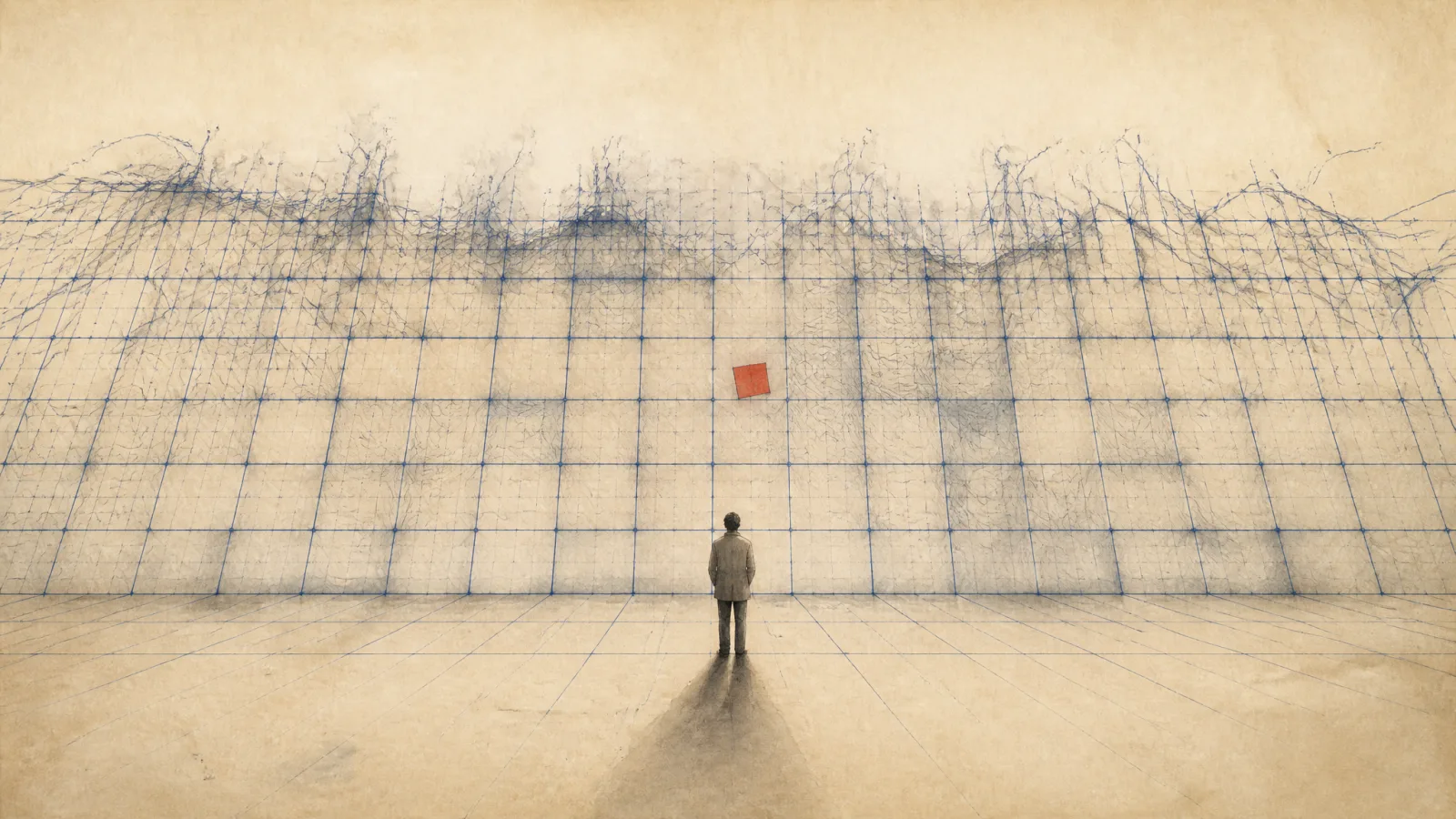 A small human figure standing before a wall of ruled blue scoring grids, the horizon line frayed and broken