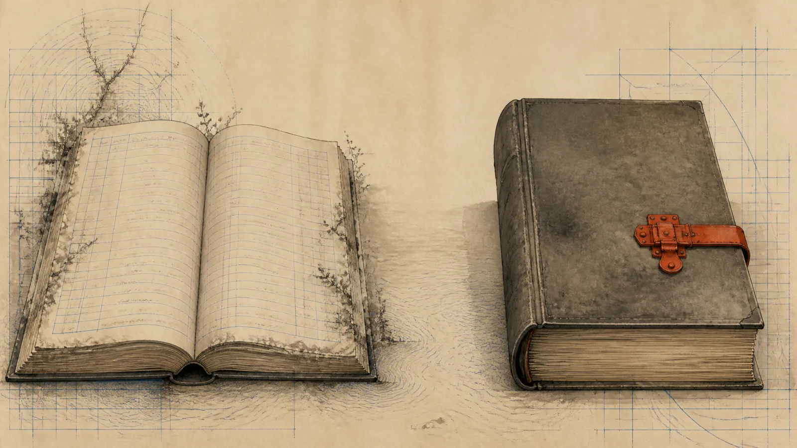Two ledger books facing each other, one open with pages ruled in blue, the other sealed shut with a vermilion clasp
