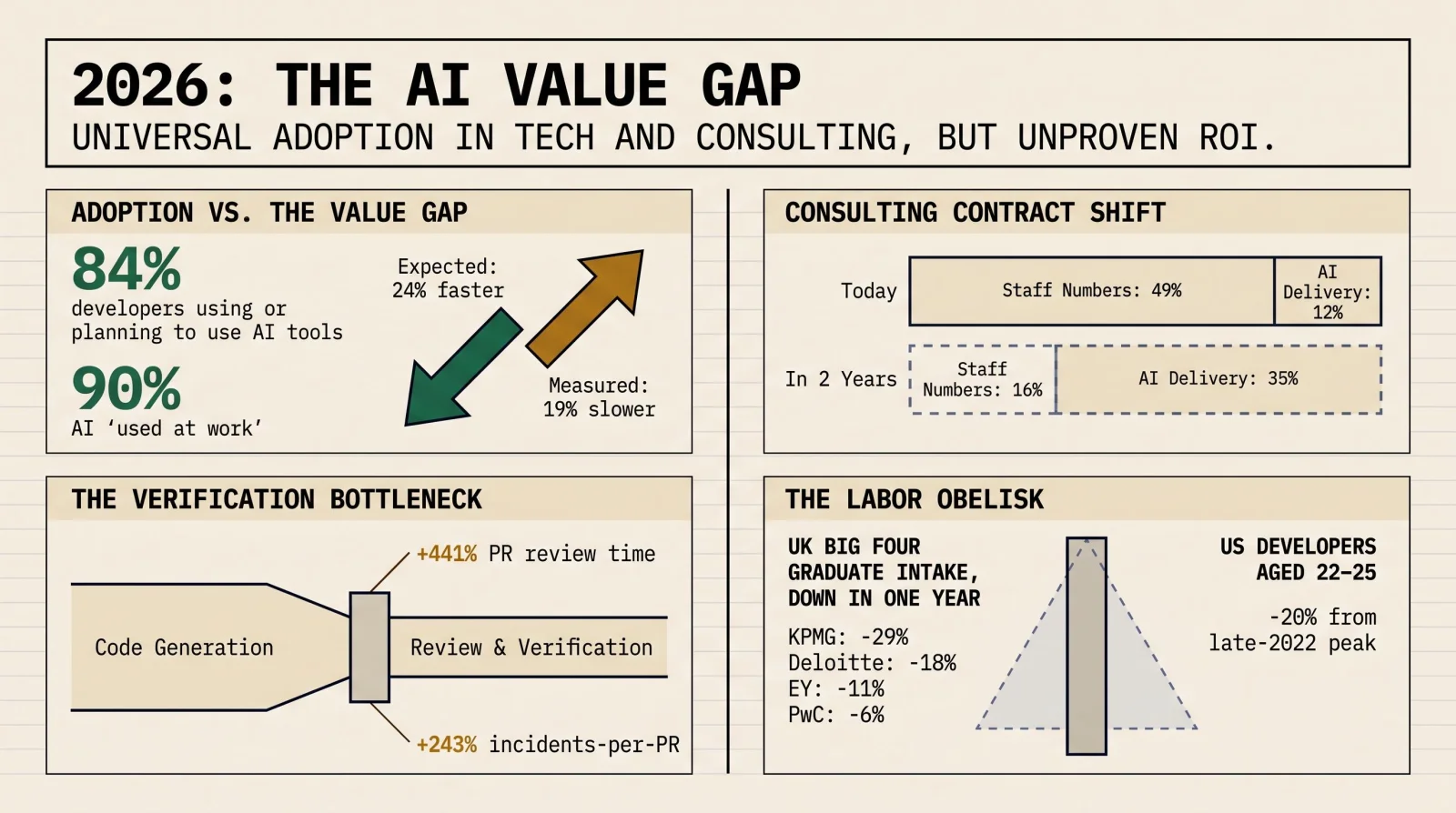 Infographic: the 2026 now-state — universal adoption, contested productivity, verification as the bottleneck